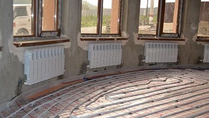 Installation of heating batteries in a large room