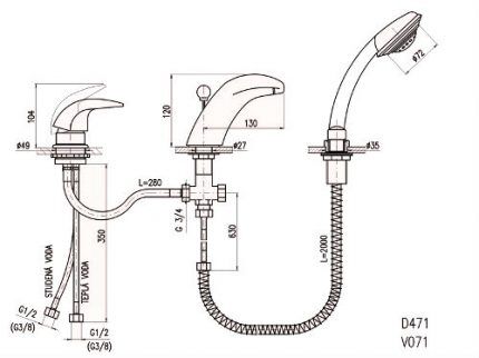 Scheme of a mortise bath mixer