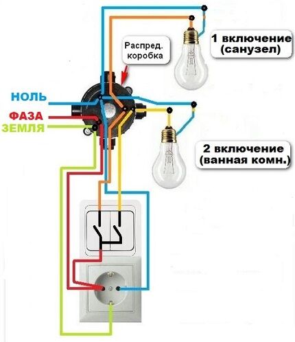 Connection diagram for a two-gang switch combined with a socket