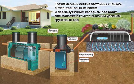 Scheme for installing a septic tank in an area with a high groundwater level