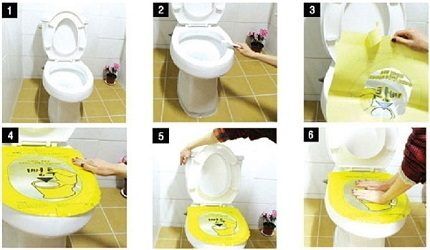 Stages of cleaning a toilet with film