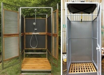 Wooden shower floor in the shower 