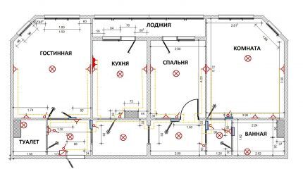 Electrical wiring diagram in a three-room apartment