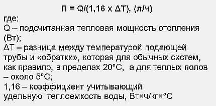 Formula for determining the performance of a circulation pump