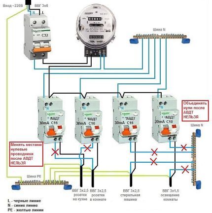 Errors in connecting a single-level difavtomat circuit