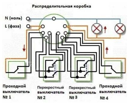 Circuit for two lamps and four points