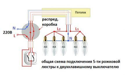 Connection diagram for a five-arm chandelier
