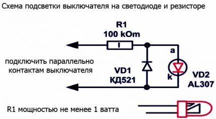 Schema di collegamento per un interruttore con un LED e un registro