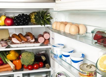 Products on the shelves of the refrigerator