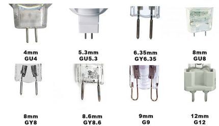 Bases and pins of halogen lamps