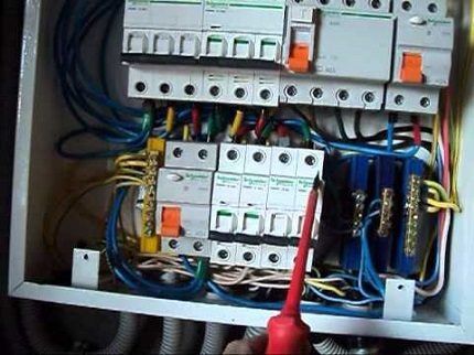 Three-phase panel na may RCD at mga awtomatikong circuit breaker