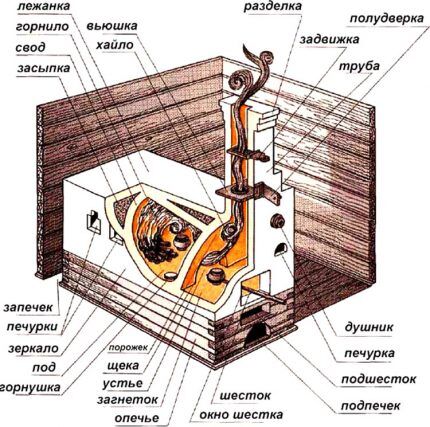 Parts of a Russian stove