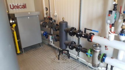 Boilers and water guns in a gas boiler room of a high-rise building 