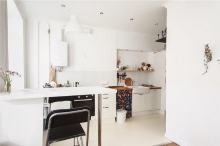 White column against the background of a white kitchen