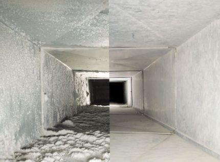 Comparison of air duct before and after cleaning