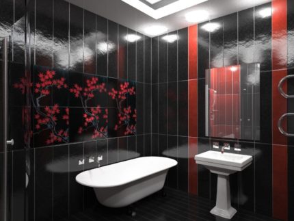 Red and black bathroom made of plastic panels