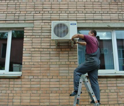 Installing a basket from a ladder 