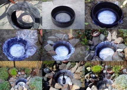 Small decorative pond made of tires