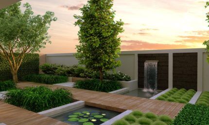 Landscape design with a pond in high-tech style