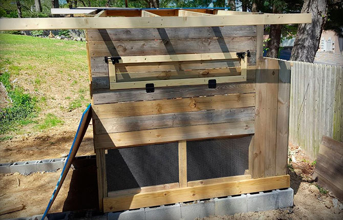 Roof overhangs over the chicken coop