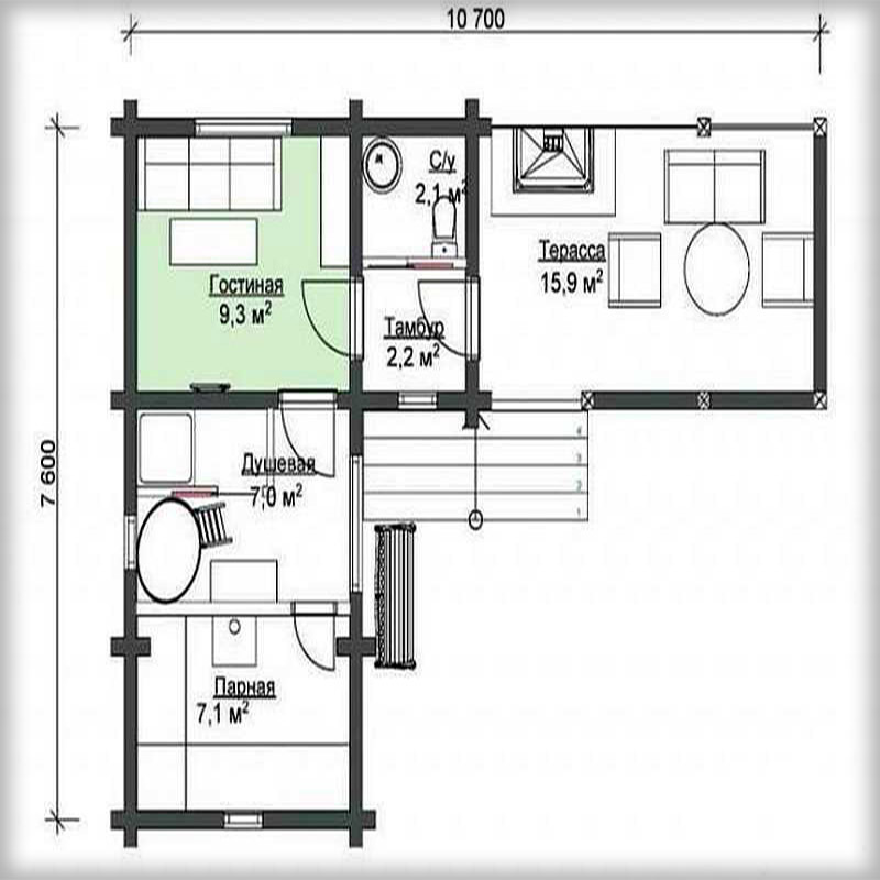 Eckversion von Badehausprojekten mit Pavillon unter einem Dach 